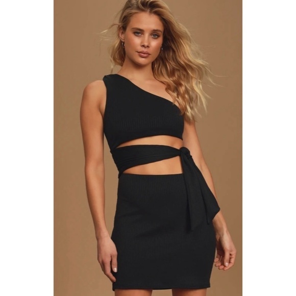 Lulus Never Going Home Black Ribbed One-Shoulder Cutout Bodycon Dress S - Picture 1 of 5